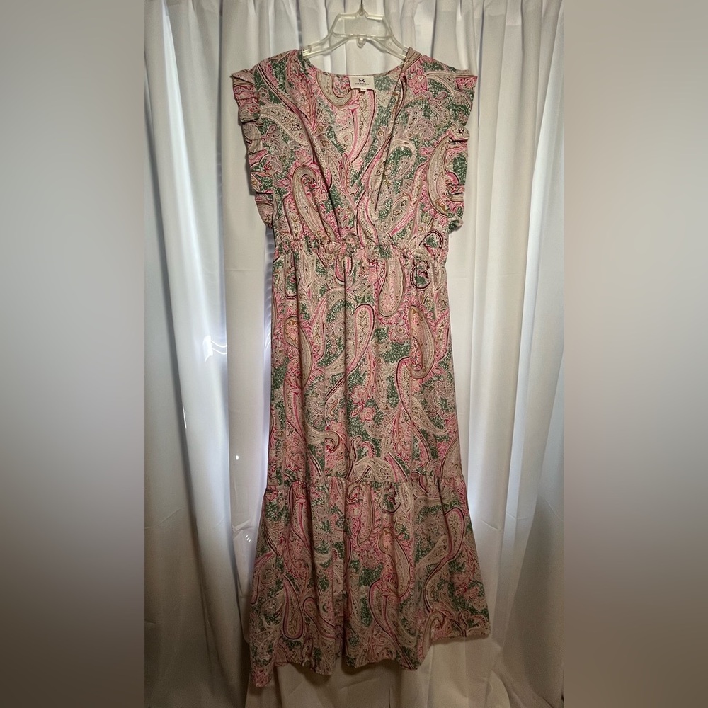 MARINA V Pink & Green Paisley Dress Sz L